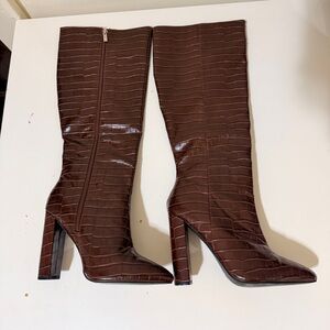 Boohoo Brown Croc-Embossed Knee-High Boots